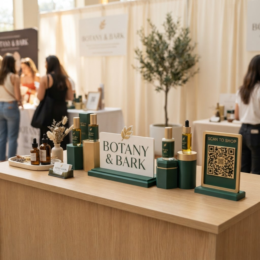 Pop-up booth counter with custom 3D printed logo sign, QR stand, and product risers