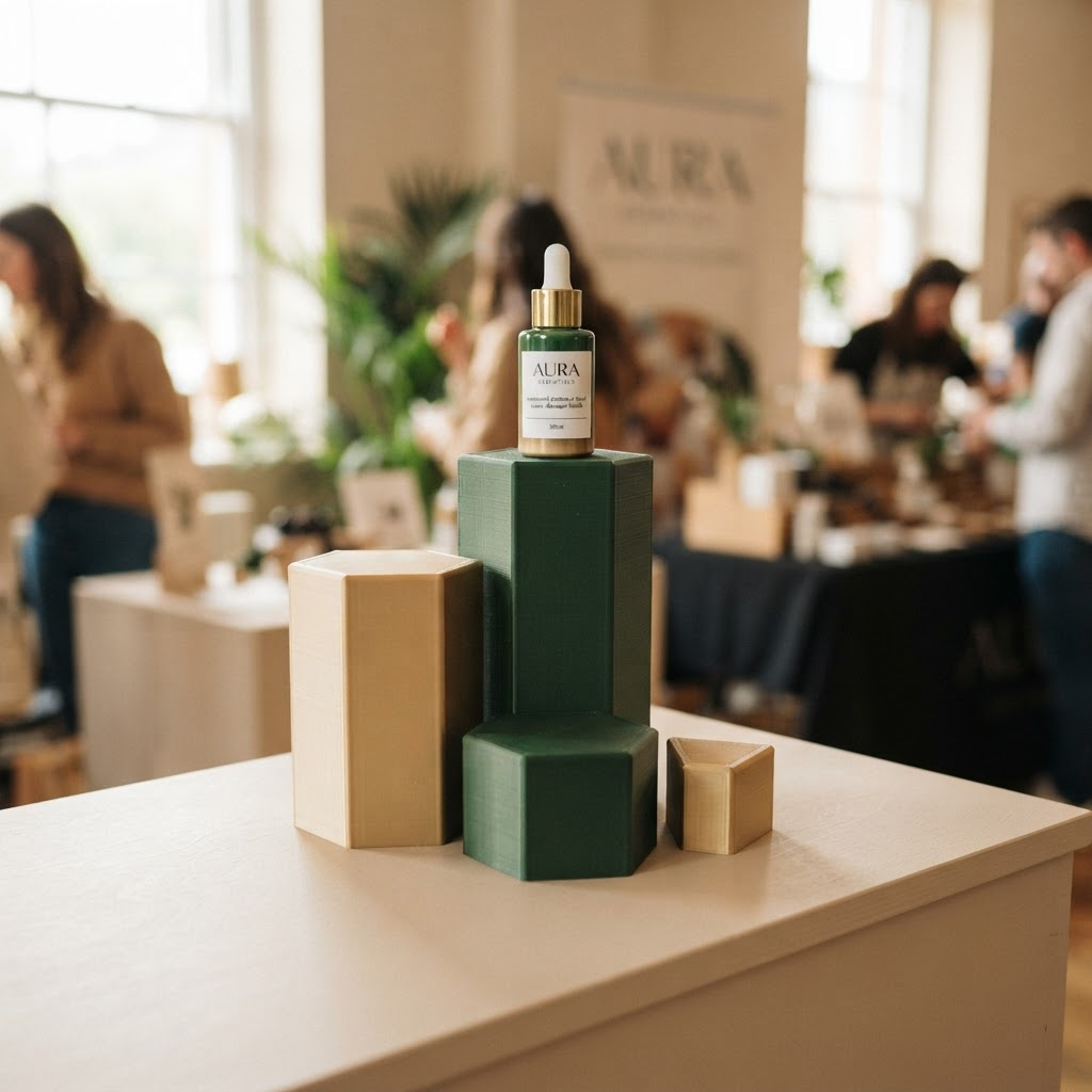 Custom 3D printed product display riser as part of a coordinated vendor booth kit