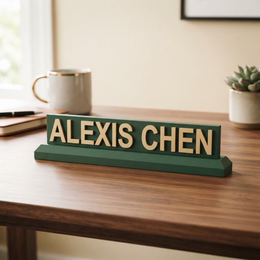 Custom 3D printed desk nameplate in deep green and champagne gold