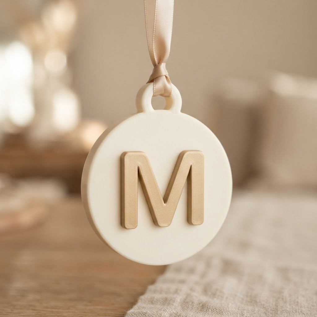 Custom 3D printed monogram ornament in ivory and champagne gold