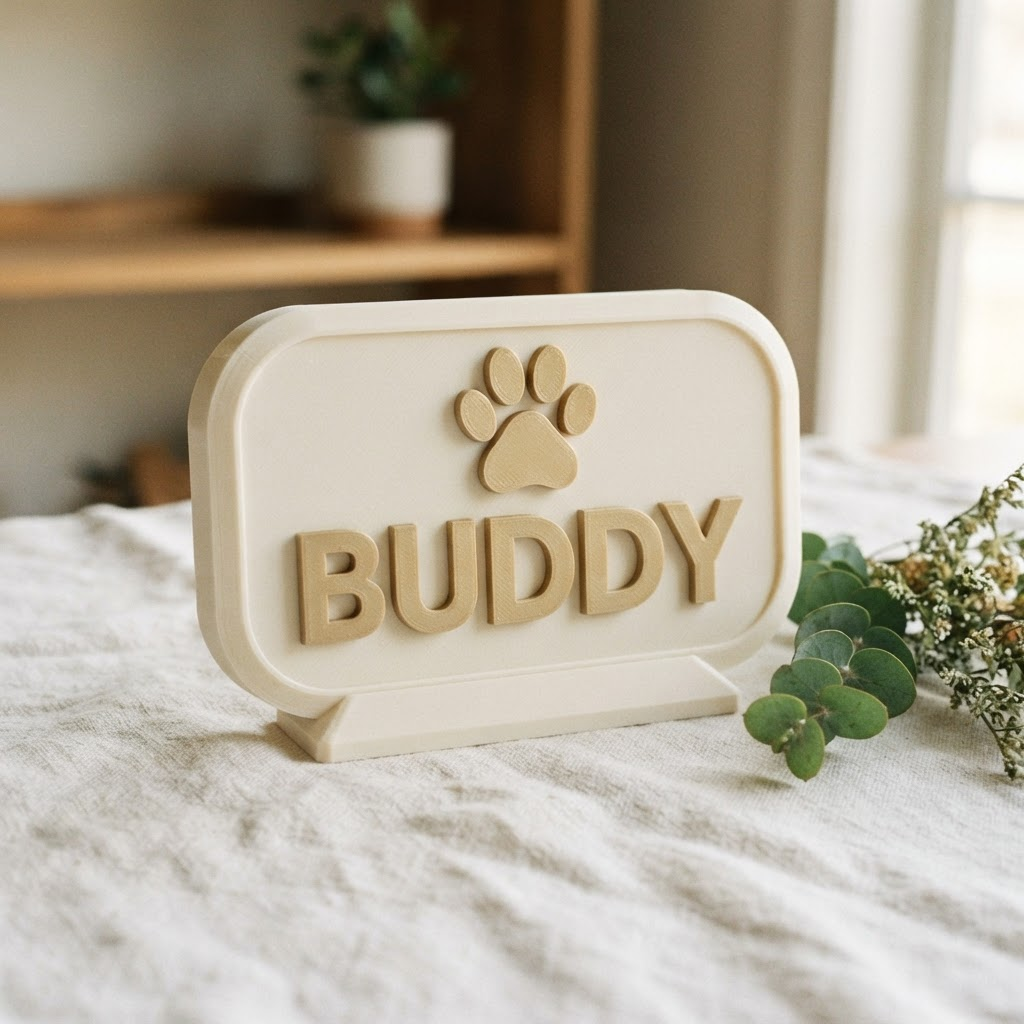 Custom 3D printed pet memorial plaque with a name and paw detail